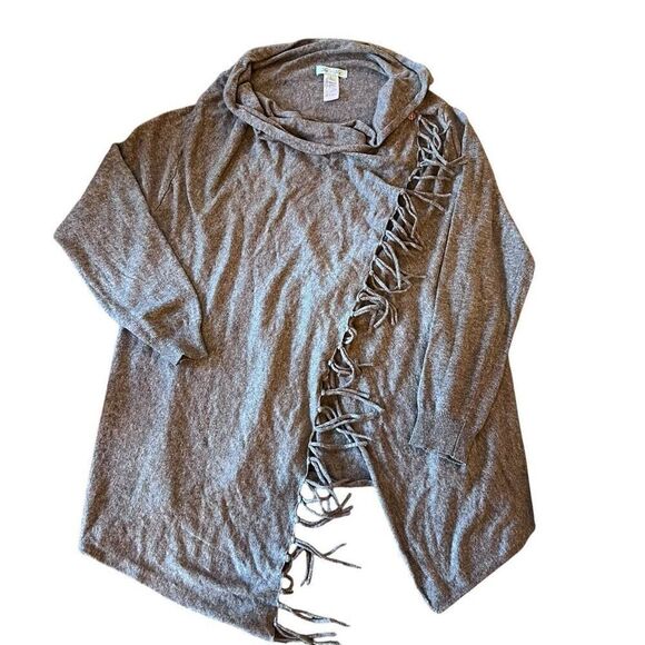 She + Sky Cowl Neck Fringe Cotton Blend Long Sleeve Poncho Sweater Gray Large - Picture 1 of 8